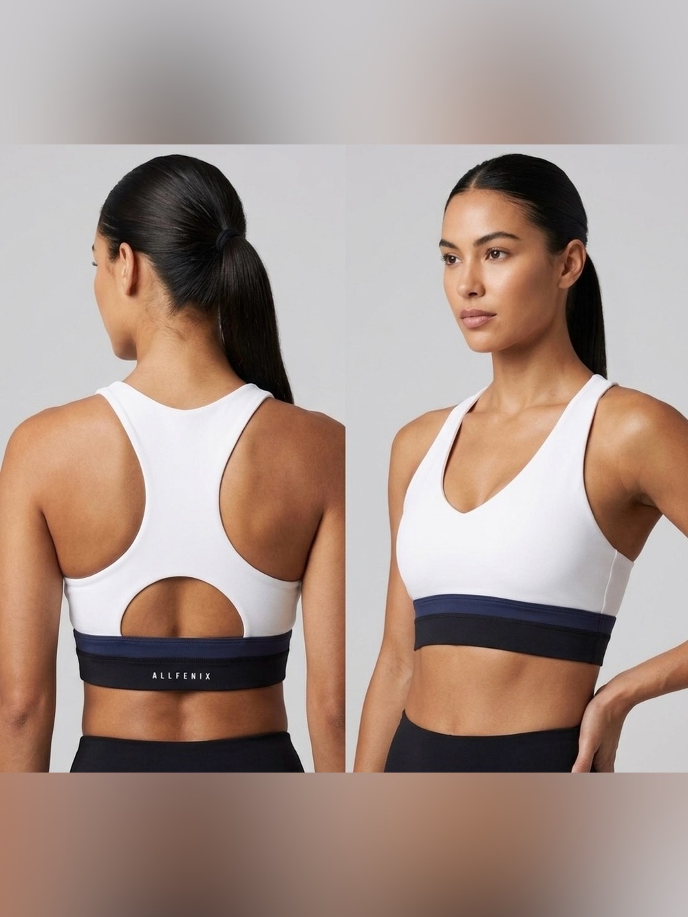 ALL FENIX Mia Stripe Sports Bra in White/Navy V-Neckline Racerback Size XS